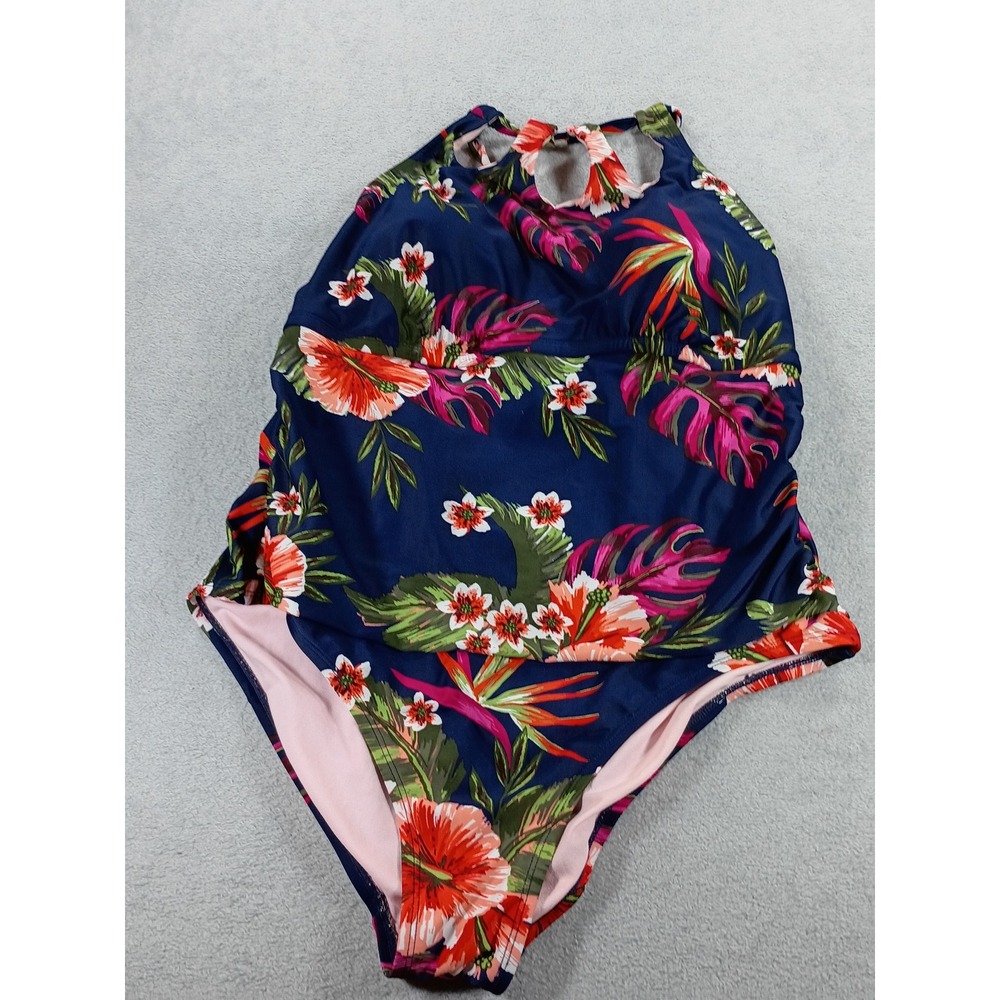 Kona Sol Womens One Piece Swimsuit Navy Floral 20W High Neck Ruched
